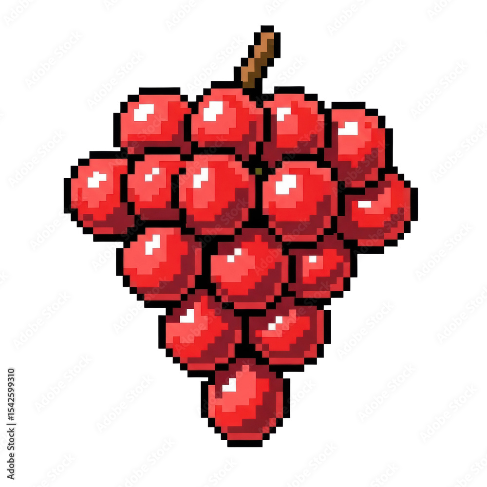 Obraz premium A vibrant bunch of red grapes rendered in a classic pixel art style. Ideal for retro video games, digital interfaces, or nostalgic graphic design projects.