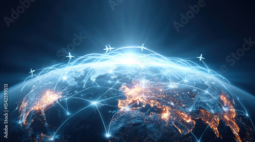 Glowing digital visualization of global logistics network with illuminated cities and airplanes flying across earth at night