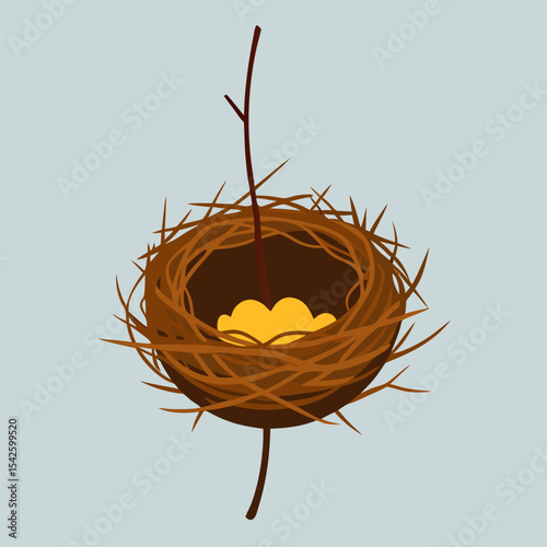 One empty brown birds nest with egg vector on color background.