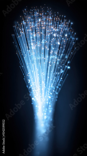 Glowing abstract fiber optic cable visualization with bright blue light points and lines creating futuristic and dynamic effect