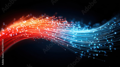 Glowing abstract fiber optic cable visualization with vibrant red and blue light strands creating dynamic and futuristic effect