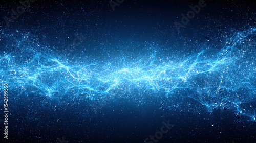 Glowing blue abstract particle field with electric light streaks creating dynamic and energetic cosmic effect in dark space