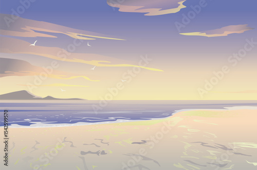 A beautiful vector illustration capturing a serene coastal landscape at either sunrise, sunset