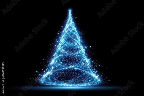 Glowing abstract Christmas tree made of blue sparkling light particles on dark background, creating magical festive atmosphere