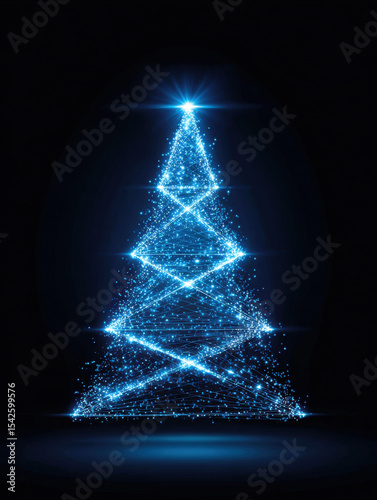 Glowing blue digital Christmas tree made of sparkling light particles and lines shines brightly on dark background, evoking festive joy