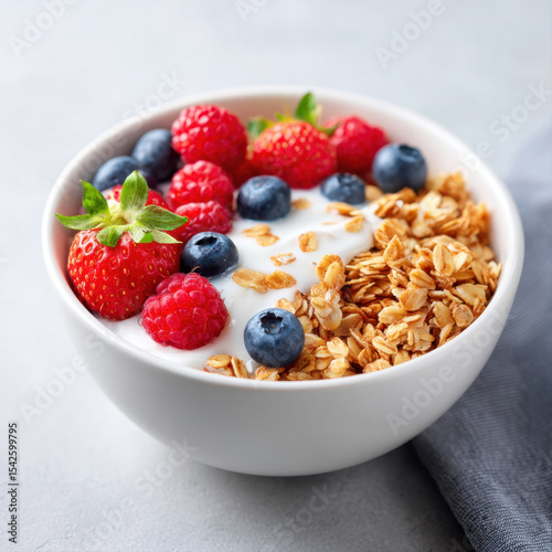 Wallpaper Mural Bowl of homemade granola with creamy yogurt topped with fresh strawberries, raspberries, and blueberries for healthy breakfast Torontodigital.ca