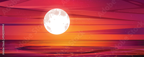 A vivid flat illustration capturing a vibrant sunset or moonrise over a serene sea, dominated by a large, glowing full moon and streaky clouds in rich shades of red, orange, and purple.