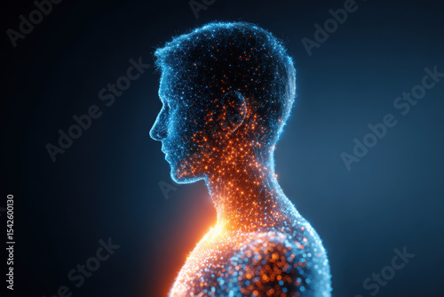 Digital human profile composed of glowing blue and orange network nodes and lines, symbolizing futuristic concept of identity and technology
