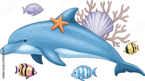 Watercolor illustration of Dolphin with corals, seashells and fishes. Drawing of underwater animal for childish design or kids posters. Nautical art for Baby shower invitations in pastel colors.