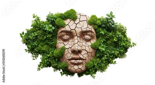 A cracked face surrounded by green plants and moss with eyes closed on a white background image art