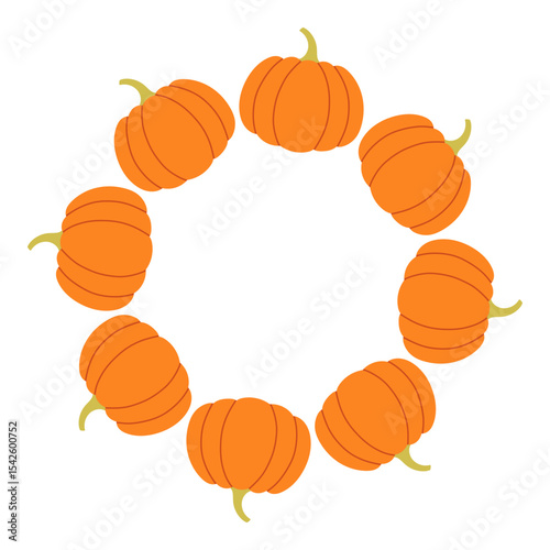 Pumpkin circle frame. Round border made of fall pumpkins. The pumpkins have different shapes and are arranged in a circle. Vector flat isolated on white background.