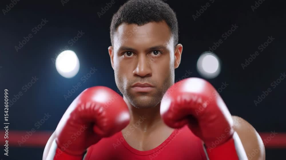 Focused Boxer: A determined boxer, standing resolutely, poised in the arena, embodying strength, focus, and the spirit of competition. He wears red gloves and gear, illuminated by the bright lights. Focused Boxer: A determined boxer, standing resolutely, poised in the arena, embodying strength, focus, and the spirit of competition. He wears red gloves and gear, illuminated by the bright lights.