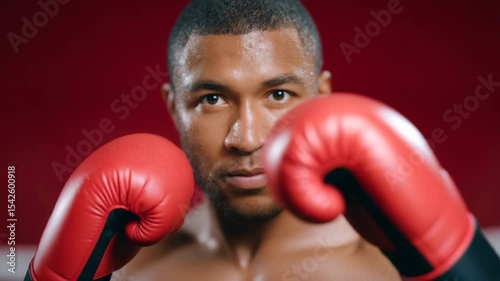 Boxer's Focus: A close-up view captures a determined boxer, his eyes laser-focused, embodying strength, and determination with his red gloves.