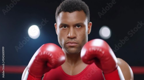 Focused Boxer: A determined boxer, standing resolutely, poised in the arena, embodying strength, focus, and the spirit of competition. He wears red gloves and gear, illuminated by the bright lights.
