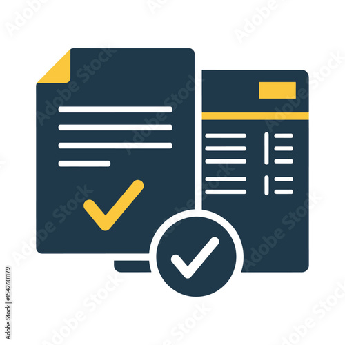 Two documents with check marks indicate approval