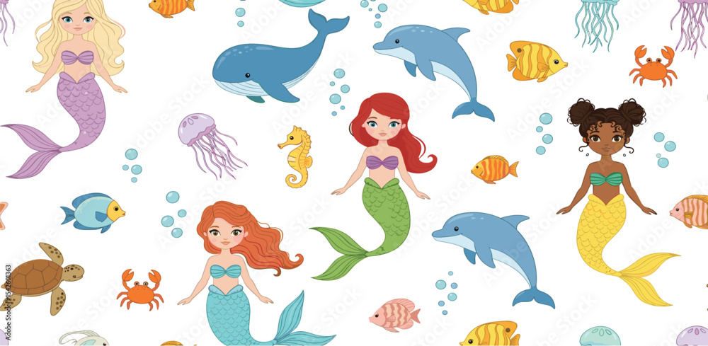 Fototapeta premium Watercolor seamless Pattern with mermaids, fishes, dolphin and whale. Illustration of children linen or kids textiles. Art in pastel colors for packaging or wrapping paper. Drawing for nursery wall.