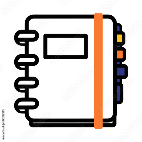 The image depicts a ringbound notebook with an orange closure strap and colored side tabs