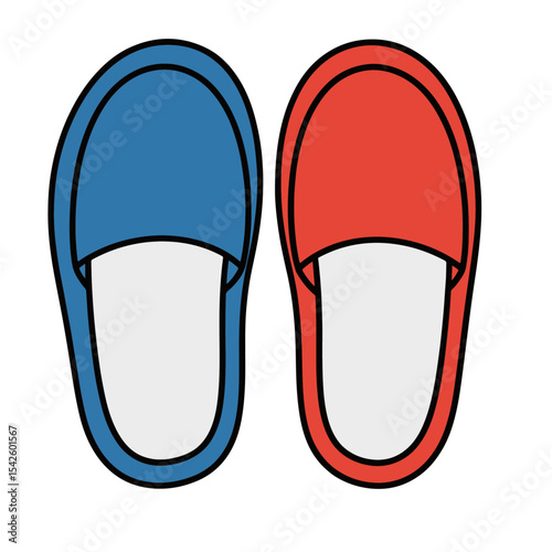 Pair of house slippers one blue and one red with black outlines and white soles