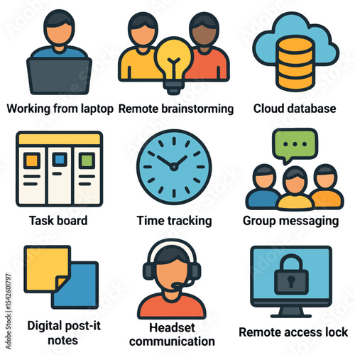 Nine labeled digital icons depict remote work elements like brainstorming and time tracking