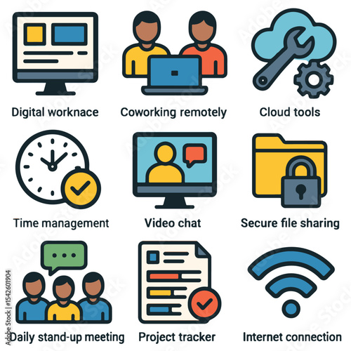 Nine cartoonish icons depict digital workplace themes remote work file sharing tools meetings time management project tracking