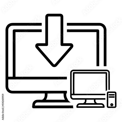 Line art depicts a download arrow pointing to two computer monitors and a PC tower