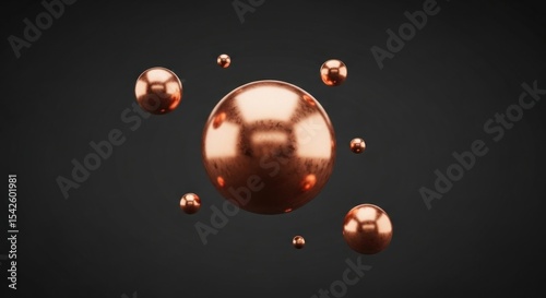 A collection of shiny copper spheres floating against a dark gray background in a studio setting