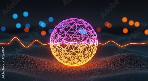 A glowing wireframe sphere with pink and yellow hues sits on a textured surface with bokeh lights behind