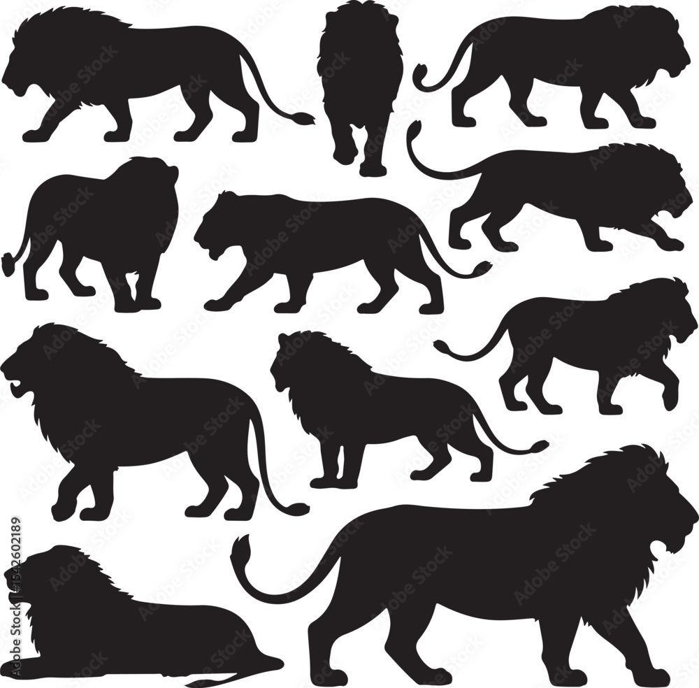 Obraz premium Majestic Lion Head SilhouetteRoaring Lion Vector DesignLion Walking Silhouette SceneLion’s Mane Detailed SilhouetteProud Lion Standing Vector Art
