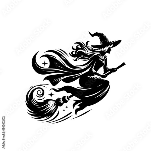 Black and White Witch Riding Broomstick Logo Isolated on White Background


