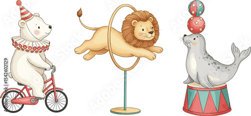 Watercolor illustration of Circus animals. Drawing of bear on a tricycle, a lion jumping through a hoop, and a seal balancing on a ball. Art for childish posters or Baby shower greeting cards