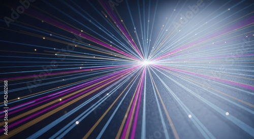 Abstract background with radiating lines of light converging at a central bright point of illumination