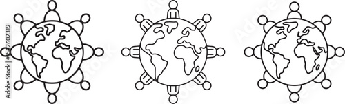 Unity Around the World Line Art Icons with People and Globe