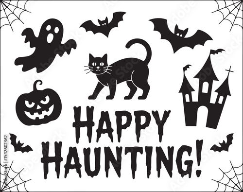 Happy Haunting Halloween Vector with Ghost, Cat, Pumpkin, and Bats