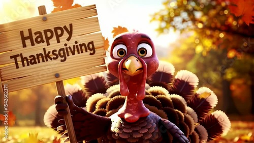 Cartoon turkey with happy thanksgiving sign in autumn scene graphic design holiday image