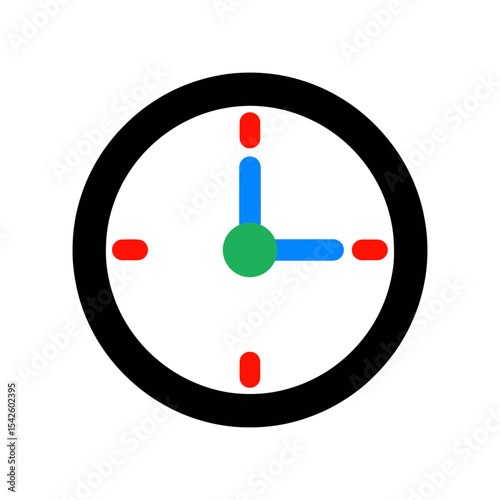 Graphic clock face featuring blue hands a green center and red markers on a white background framed by a black circle
