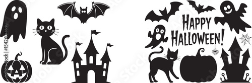 Halloween Silhouette Vector Set with Ghosts, Cats, Bats, and Haunted Castle