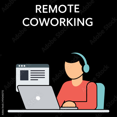 Cartoon depiction of a person working on a laptop with a website open labeled Remote Coworking above