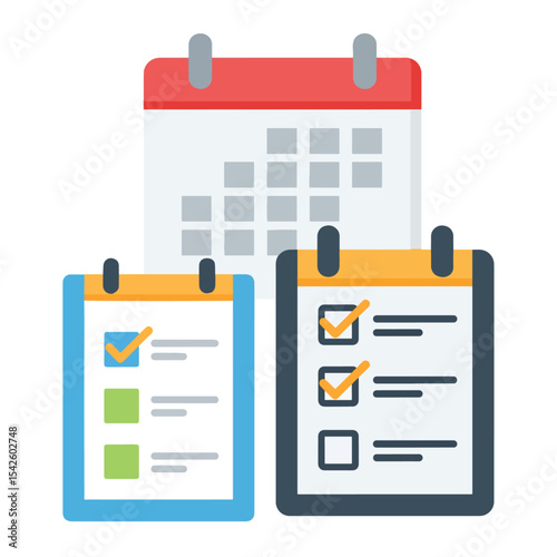 Calendar and two clipboards with checklists shown in a flat style vector illustration