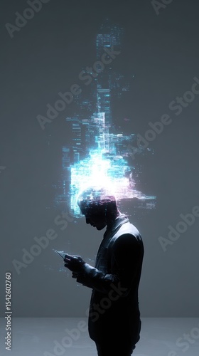 Silhouette of a person engrossed in a digital device, with glowing, pixelated energy emanating from their head