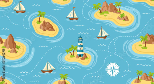 Sea map watercolor seamless pattern. Nautical background with islands, lighthouse, ships and vintage regatta for wallpaper, wrapping paper or textile design. Ornament with ships and marine.
