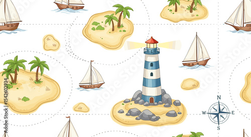 Sea map watercolor seamless pattern. Nautical background with islands, lighthouse, ships and vintage regatta for wallpaper, wrapping paper or textile design. Ornament with ships and marine.