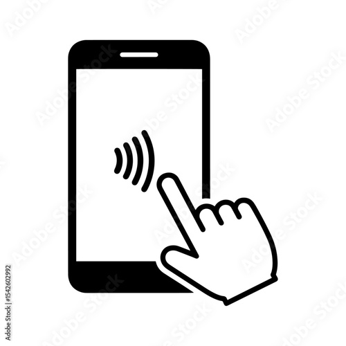Black outline of a phone with NFC signal and a hand touching the screen