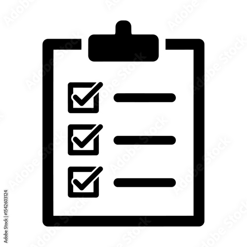 Black clipboard with three checkboxes marked and short lines on white background