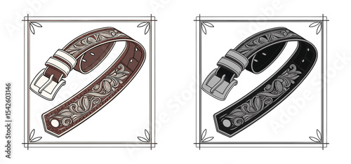 Detailed illustration of two stylish leather belts showcasing intricate floral tooling and a classic buckle design on a white background.