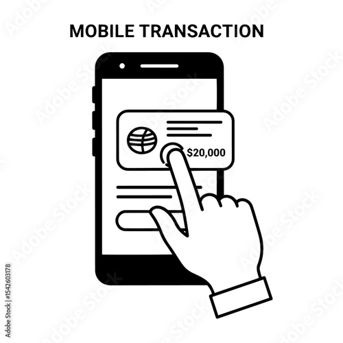 Blackwhite line art depicts a mobile transaction with a hand pressing a globe icon on a phone showing 20000