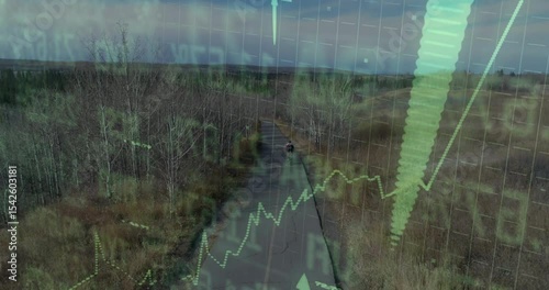Cyclist pedaling rural path with drone tilting and pulsing performance metrics overlays climbing