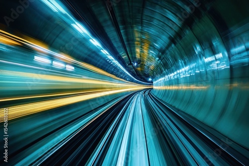 Blurred motion view inside a curved underground tunnel with streaks of blue and yellow light conveying high speed and futuristic atmosphere