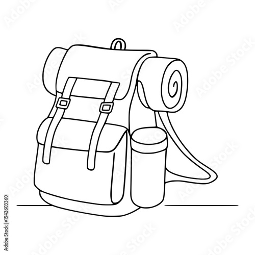 Camping Backpack Line Art Illustration with Rolled Sleeping Bag
