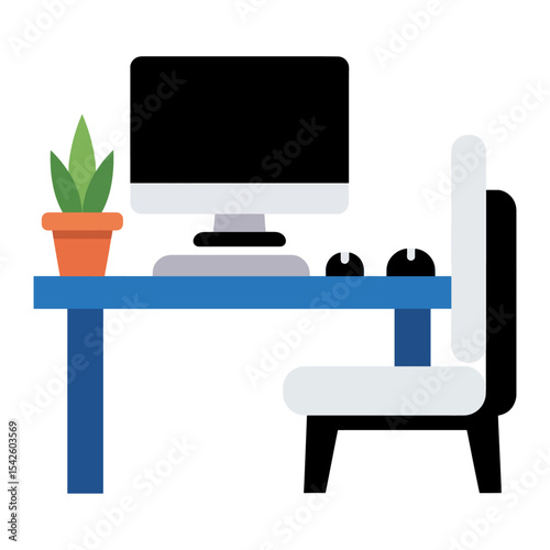 A minimalist desk scene with a computer plant and chair rendered in a flat cartoonish style