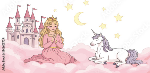 Watercolor Castle with Princess and Unicorn in pastel pink colors. Illustration of fantasy character and fortress on a cloud for Baby shower greeting cards or girls birthday invitations